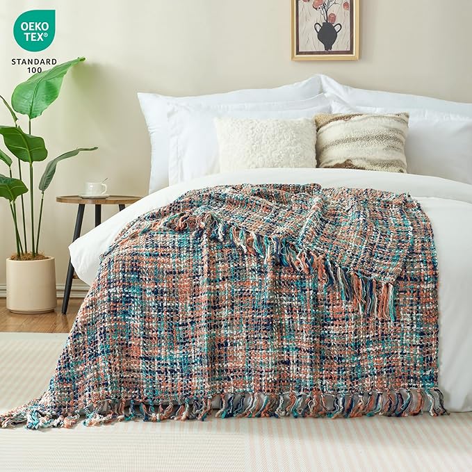 Multi-Color Pink Cable Woven Throw Blanket for Couch,50"X60" Boho Style Textured Blankets for Home Decor,Super Soft Warm Cozy Chunky Blanket with Decorative Tassels for Bed and Sofa