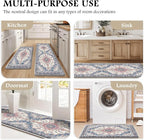 Boho Kitchen Mats for Floor 2 Piece Set Anti Fatigue Cushioned PVC Kitchen Rugs Non Slip Waterproof Farmhouse Mats 2/5 Inch Comfort Standing Mat for Sink, Laundry, 17.3"x47"+17.3"x28", Retro Blue