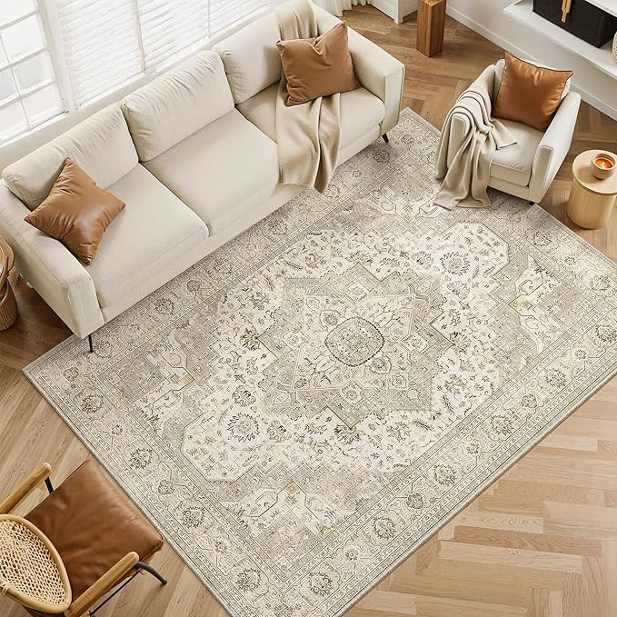 Washable Area Rugs 5x7, Ultra-Thin Rugs for Living Room, Bedroom, Dining Room, Stain Resistant Anti Slip Backing Area Rug, Super-Soft Floral Vintage Home Decor Rug (Ivory/Beige, 5'x7')