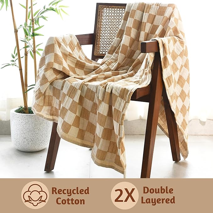 Folkulture Throw Blanket for Couch 50" x 60" |100% Recycled Cotton Couch Chritmas Throw Blanket for Chair, Boho Throws Blankets for Bed,Sofa, Lightweight| Guest Room Must Haves Blanket | Biscuit