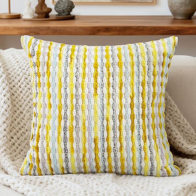 Boho Decorative Throw Pillow Covers 18x18 Inch, Chenille Tufted Pillow Cover Striped Textured Square Farmhouse Accent Pillowcase for Couch Sofa Bedroom Living Room, Yellow White Stripe 1 Pack