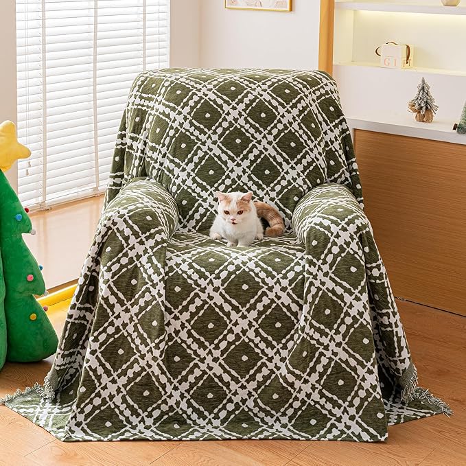 Reversible Couch Cover Blanket, Christmas Couch Cover, Chenille Sofa Cover Blanket, Christmas Sofa Covers Washable, 71"×71" Couch Protector for Recliner & Chair (1PC, Green, Single Seater)