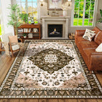 Amearea Vintage Design Area Rugs for Living Room, 4x6 Machine Washable Floral Collection Traditional Bedroom Rug, Low Pile Cute Kids Room Print Carpet, No Slip Office Kitchen Home Decor, Brown