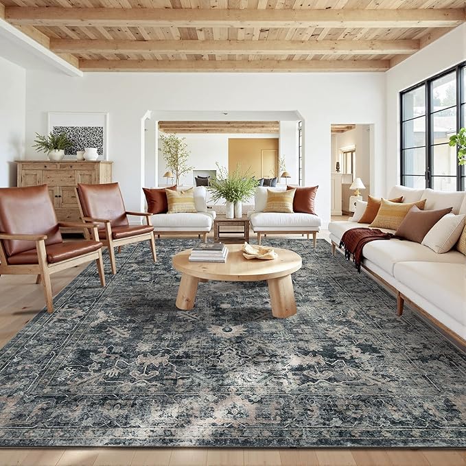 10x14 Area Rugs for Living Room Bedroom, Large Washable Rug, Blue Vintage Retro Boho Rug, Non Slip & Low Pile Faux Wool Thin Carpet for Indoor Dining Room and Kids Room(Blue 10x14ft)