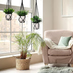 YIBOT 3 Pack Black Macrame Plant Hanger Indoor Hanging Planter Basket with 3 Hooks, 35"/29"/23" Crochet Plant Holder Stand No Tassels for Indoor Outdoor Boho Home Decor (POTS NOT Included)