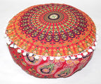 CRAFT KALA Red Peacock Large Hippie Mandala Meditation Floor Ottoman Pillow Cushion Pouf Cover Square Poufs Bohemian Circle Floor Cushion Case Outdoor Fireplace Yoga Living Room Decor Cover 16" Round