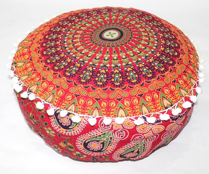 INDIAN CRAFT CASTLE ICC Red Peacock Mandala Barmeri Large Floor Pillow Cover Cushion Meditation Seating Ottoman Throw Cover Hippie Decorative Zipped Bohemian Pouf Ottoman Cases 16" Round