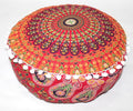 INDIAN CRAFT CASTLE ICC Red Peacock Mandala Barmeri Large Floor Pillow Cover Cushion Meditation Seating Ottoman Throw Cover Hippie Decorative Zipped Bohemian Pouf Ottoman Cases 16" Round