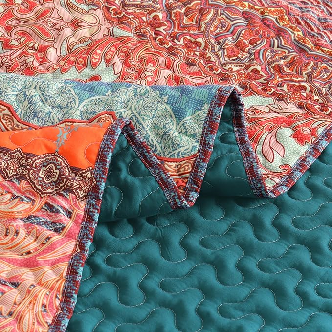 Exclusivo Mezcla 50"x 60" Quilted Throw Blanket- Microfiber Quilt Throw with Boho Striped Pattern, Reversible Teal and Orange Versatile Lap Quilt for All Seasons, Lightweight Throws for Bed/Couch/Sofa