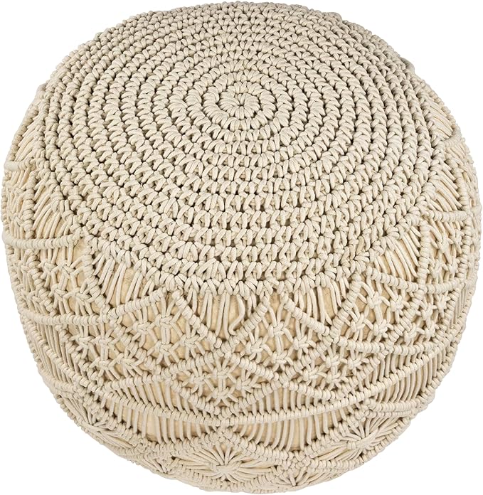 Northlight 18" Solid Cream Macrame Round Handmade Cotton Pouf Ottoman