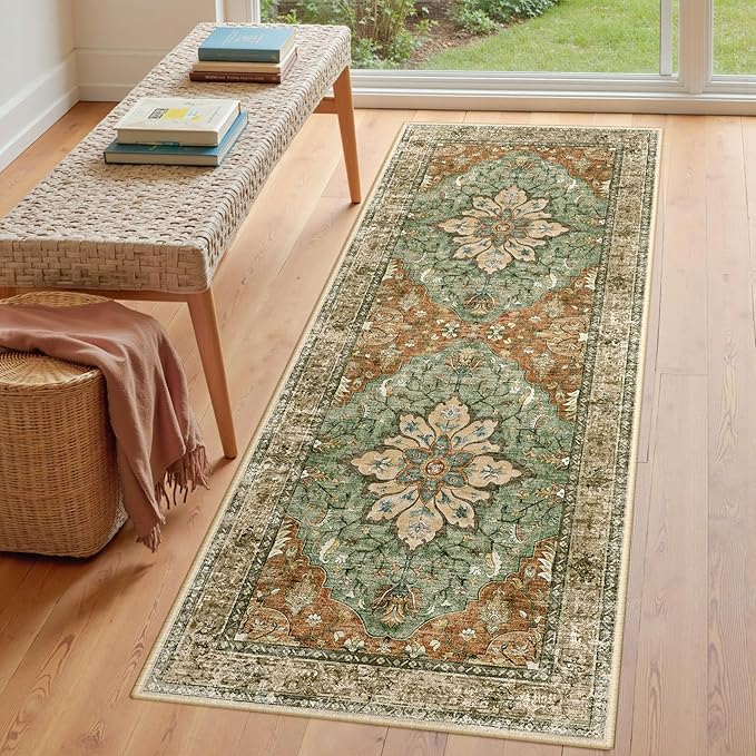 Area Rugs 3'x6' Runner Rug Non Slip Washable for Kitchen Hallway Bedroom Beside Laundry Room Bathroom Rug, Floor Carpet, Brick Red Rust Neutral Brown Burnt Orange Green