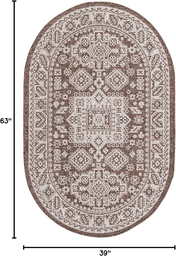 Rugs.com Outdoor Aztec Collection Rug – 3' x 5' Oval Brown Flatweave Rug Perfect for Living Rooms, Large Dining Rooms, Open Floorplans