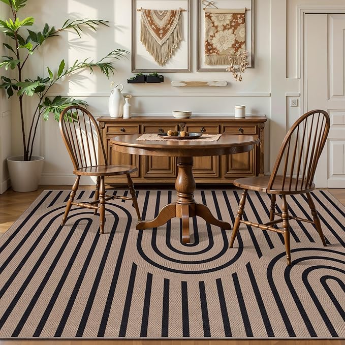 Tangsoo Easy Jute 4x6 Washable Rug for Outdoor Patio,Non-Slip Black Area Rug Thin Indoor Outdoor Carpet,Boho Farmhouse Throw Mat for Front Porch Bedroom Foyer