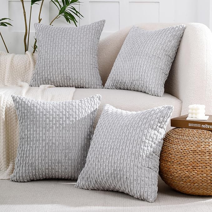 VAKADO Couch Throw Pillow Covers 18x18 Set of 4 Boho Rustic Decorative Corduroy Cushion Case Farmhouse Decor Square for Home Living Room Bed Sofa,Grey