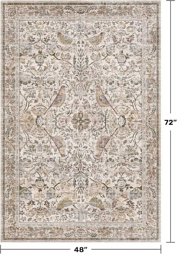 Vintage Washable 4x6 Area Rug for Bedroom Beside, Entryway, Mudroom, Kitchen, Living Room, Low Pile Non Slip, Oriental Stain Resistant Carpet with Moss Green Bird Pattern