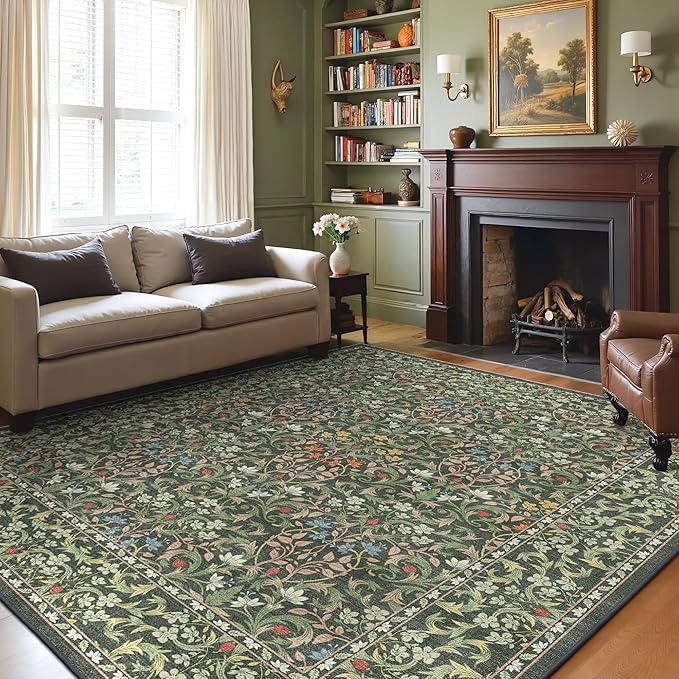 GENIMO 6x9 Washable Area Rug, Non-Slip Vintage Boho Floral Carpet, Soft Low-Pile Thin Living Room Rug for Bedroom, Dining Room, Nursery, Emerald Green