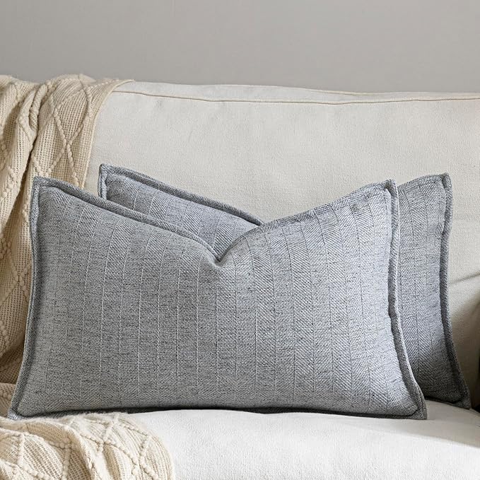 12x20 Linen Pillow Covers Steel Blue Pack of 2 Farmhouse Boho Neutral Accents Striped Textured Rectangular Lumbar Decorative Throw Pillow Cases for Living Room Couch Bed Home Decor