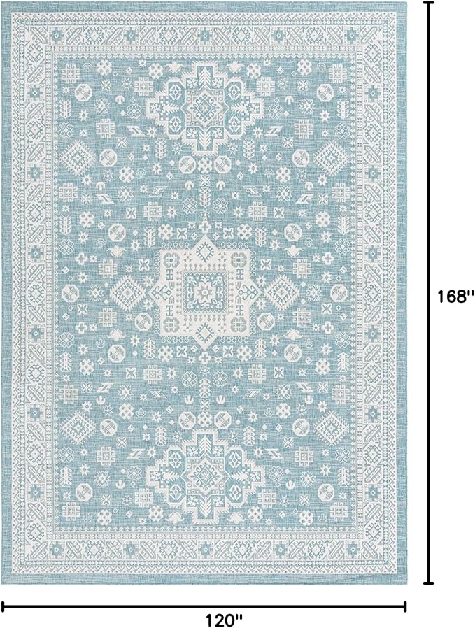Rugs.com Outdoor Aztec Collection Rug – 10' x 14' Aqua Flatweave Rug Perfect for Living Rooms, Large Dining Rooms, Open Floorplans
