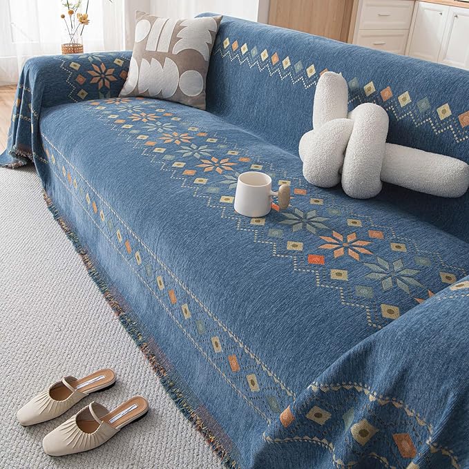 VClife Boho Couch Cover Blue Geometric Jacquard Pattern Sofa Cover, 1 Piece Large Couch Covers for 2 Cushion Couch Sofa Washable Plush Chenille Sofa Protector for Living Room, 71x118 Inch
