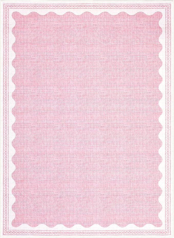 GarveeHome Scalloped Washable Rugs 9x12 Rug for Living Room Non-Slip Solid Pink Modern Minimalism 9 x 12 Rug Low-Pile Carpet for Bedroom Dining Nursery Mat with Rubber Back