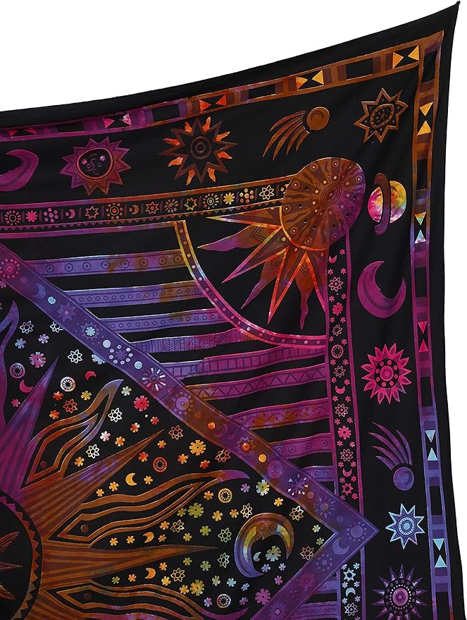 Popular Handicrafts Wall Hanging Tapestry For Bedroom Hippie Burning Sun and Moon Meditation Bohemian Hippy Psychedelic Design Indian Tapestries Bedspread 30 x 40 Inches (76 x 101 cms), Blue