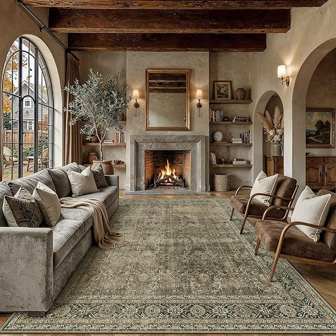 Vintage Area Rug 8x10 Light Brown Washable Living Room Bedroom Indoor Carpet Tribal Distressed Retro Accent Throw Rug for Office Dining Room Bathroom Faux Wool