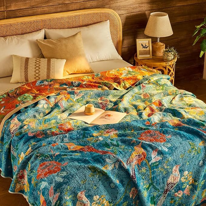 Boho Throw Blanket 100% Cotton Muslin Woven Blanket Bohemian Bed Throws Vintage Rustic Farmhouse Decor Reversible Bed Blanket Quilt for All Seasons（Blue 80"x90"）
