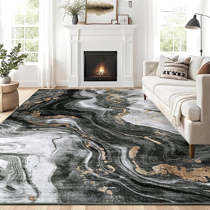 GarveeHome Large Area Rugs 9x12 Washable Modern Abstract Rug, Non-Shedding Neutral Living Room Rugs, Stain-Resistant Low Pile Abstract Floor Cover for Bedroom, Dining Room, Farmhouse, Office, Black