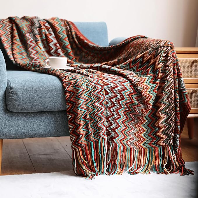 Boho Bohemian Throw Blanket for Couch Sofa Bed, Soft Cozy Lightweight Boho Blankets Knitted with Tassel, Decorative Blanket All Season 50x60 inches (Red)