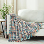 Multi-Color Pink Cable Woven Throw Blanket for Couch,50"X60" Boho Style Textured Blankets for Home Decor,Super Soft Warm Cozy Chunky Blanket with Decorative Tassels for Bed and Sofa