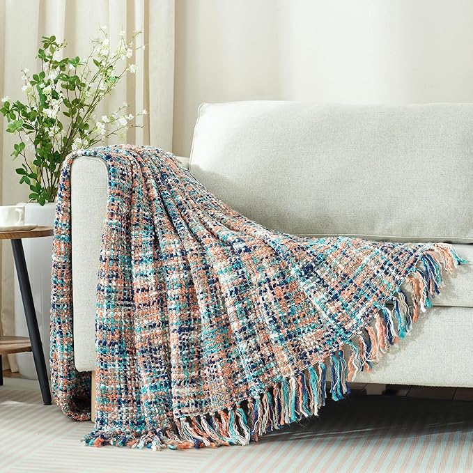Multi-Color Pink Cable Woven Throw Blanket for Couch,60"X80" Boho Style Textured Blankets for Home Decor,Super Soft Warm Cozy Chunky Blanket with Decorative Tassels for Bed and Sofa