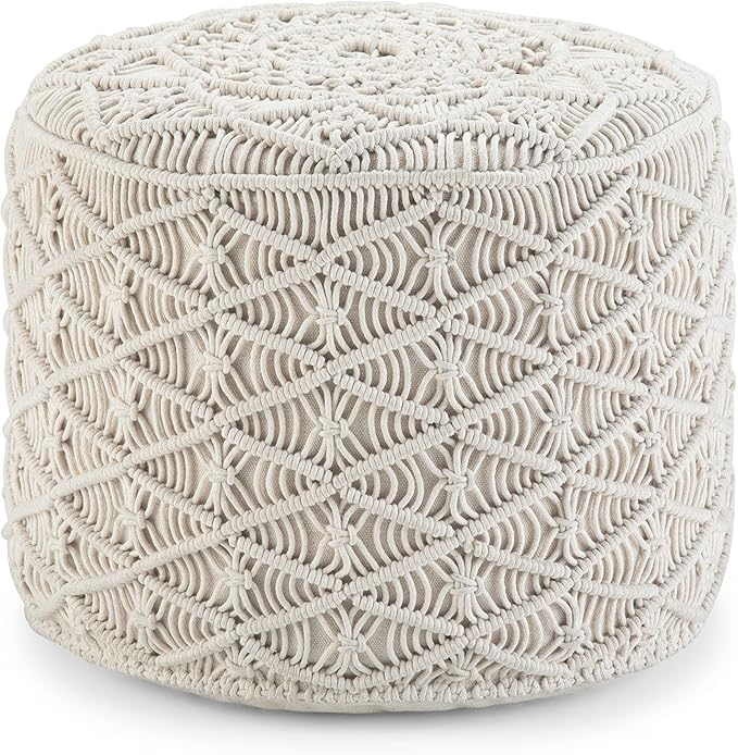 SIMPLIHOME Coates Round Pouf - 18 inch Wide Handwoven Cotton Macrame Ottoman in Natural, Boho Footstool, Decorative Pouf or Extra Seating for Living Room, Bedroom, or Kids Room, Assembled