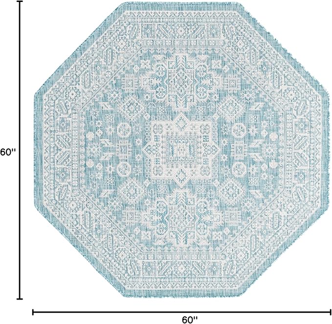 Rugs.com Outdoor Aztec Collection Rug – 5 Ft Octagon Aqua Flatweave Rug Perfect for Living Rooms, Kitchens, Entryways