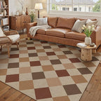 5x7 Checkered Easy Jute Area Rug for Living Room Checkerboard Washable Indoor Outdoor Carpet Farmhouse Patio Office Mat Geometric Non Slip Brown-Beige Carpet for Backyard Dining Room