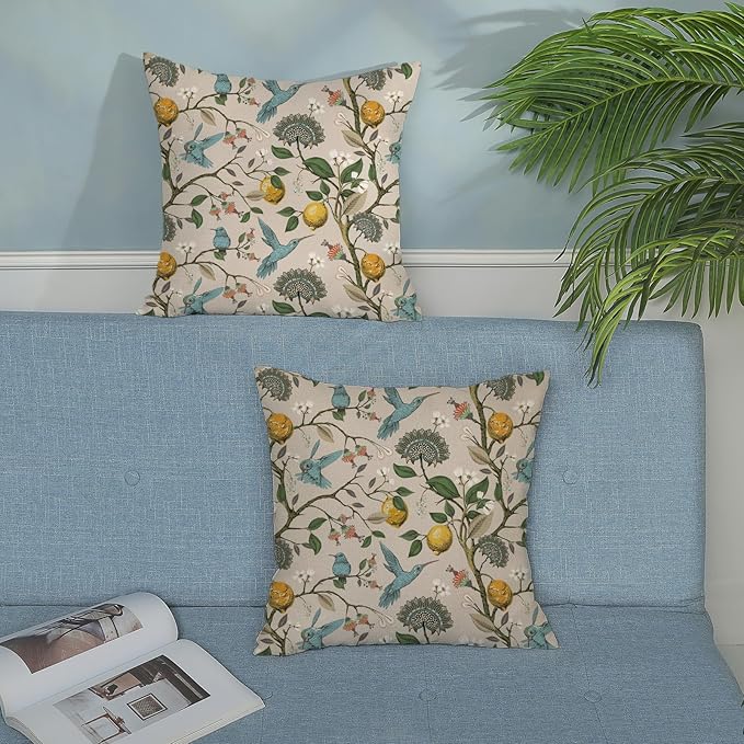 Chinoiserie Pillow Covers 18x18 Set of 2 Blue Green Bird Floral Throw Pillows Vintage Yellow Lemon Flowers Decorations Pillowcase Outdoor Chinoiserie Decor Linen Cushion Case for Couch Home