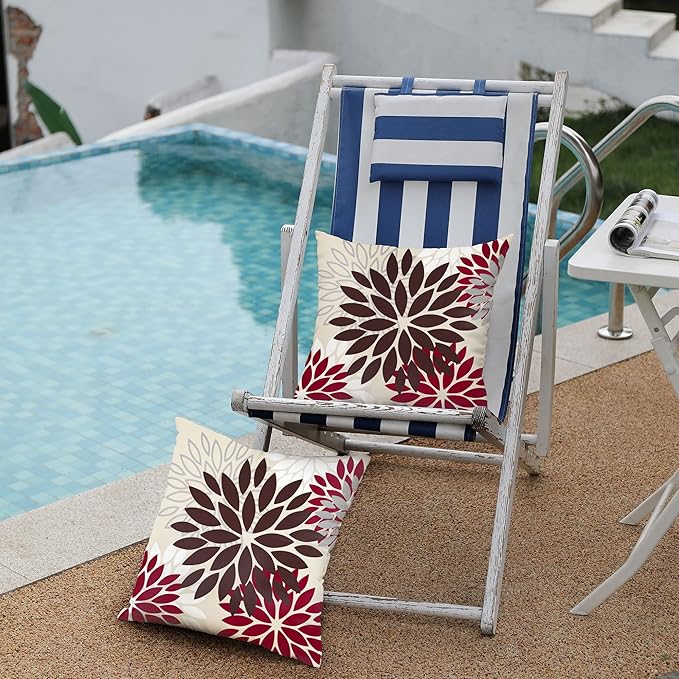 DFXSZ Red Brown Flower Pillow Covers 18x18 Inch Set of 2 White Gray Colored Throw Pillows Outdoor Waterproof Decor for Living Room Sofa Patio Funiture Garden Floral Polyester Pillow Covers 002L18