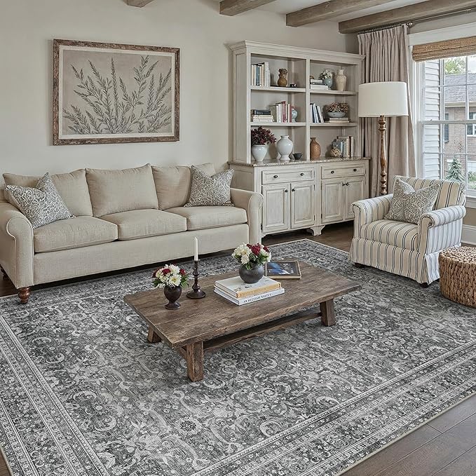 HUGEAR Area Rug 6x9 Vintage Grey Machine Washable Living Room Rugs Distressed Retro Floral Vacuumable Low Pile Carpet Bedroom Office Dining Room Laundry Room Non Slip Soft Lightweight