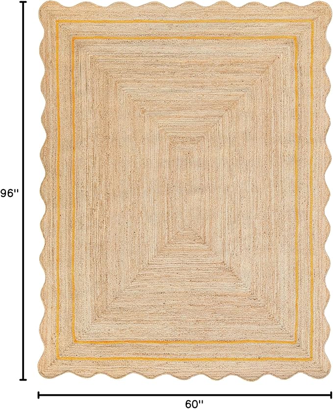 Wave Scalloped Natural Jute Rug - Boho Entryway Runner, Farmhouse Scallop, Yellow (5'x8')