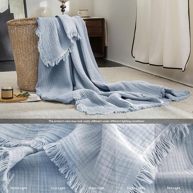 FOSSA Muslin Blanket with Fringe - 4-Layer 100% Cotton Gauze Super Soft & Breathable Throw -Lightweight Decorative Cooling Blanket for Bed, Sofa, Office (Cornflower Blue, Queen (90" × 90"))