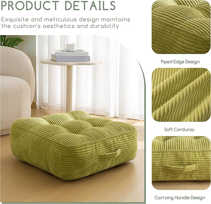 HIGOGOGO 8" Extra Thick Floor Pillow Cushion for Adults, Meditation Cushion Pillow, Large Square Floor Sitting, Tufted Corduroy Cover, for Tatami Living Room or Yoga, 22x22 Inch, 2Pack, Green