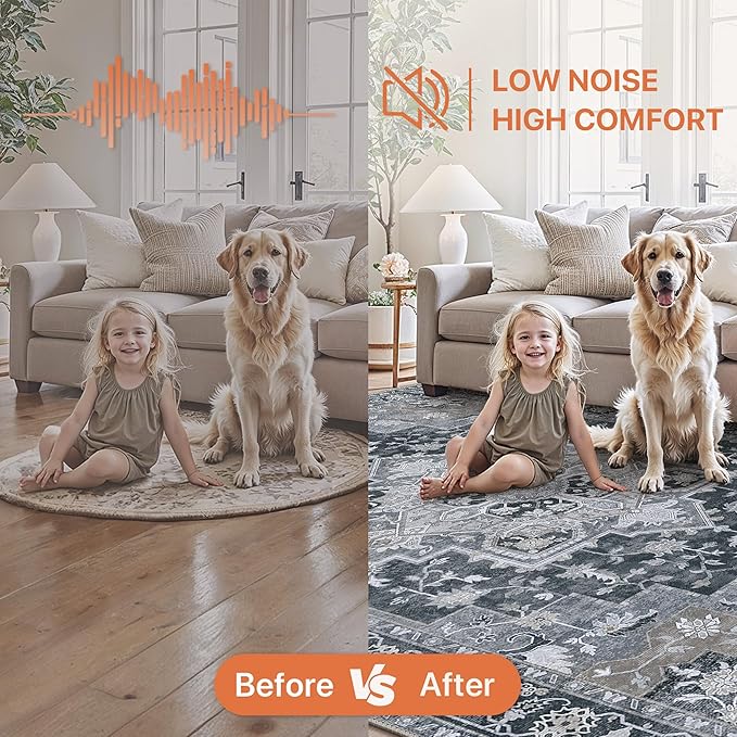 GENIMO 5FT Round Area Rugs for Living Room, Circle Rugs Machine Washable Low Pile, Chenille Non Slip Vintage Rug for Bedroom, Dining Room, Home Office, Charcoal Brown