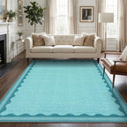Scalloped Teal Washable Rugs 5x7 Rug for Living Room Solid Modern Minimalism Soft Low-Pile Carpet for Bedroom Dining Nursery Non Slip TPE Backing