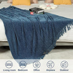 Blagic Blue Throw Blanket for Couch Soft Farmhouse Chenille Boho Throw Blanket with Tassels Home Decorative Lightweight Throw Blankets, Throws for Bed/Chair/Sofa, Stripe Textured (Dark Blue,50"x60")