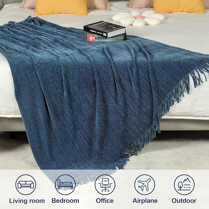 Blagic Blue Throw Blanket for Couch Soft Farmhouse Chenille Boho Throw Blanket with Tassels Home Decorative Lightweight Throw Blankets, Throws for Bed/Chair/Sofa, Stripe Textured (Dark Blue,50"x60")