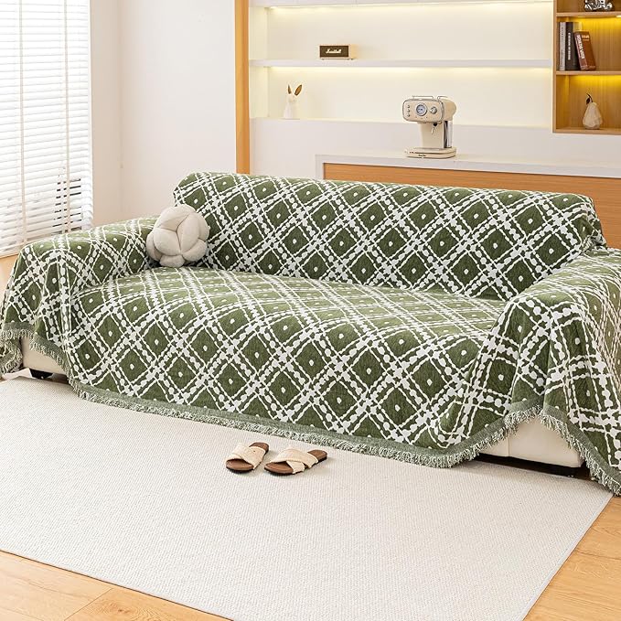 Reversible Couch Cover Blanket, Christmas Couch Cover, Chenille Sofa Cover Blanket, Christmas Sofa Covers Washable, 71"×118" Couch Covers for Recliner & Chair (1PC, Green, 2-3 Seater Sofas)