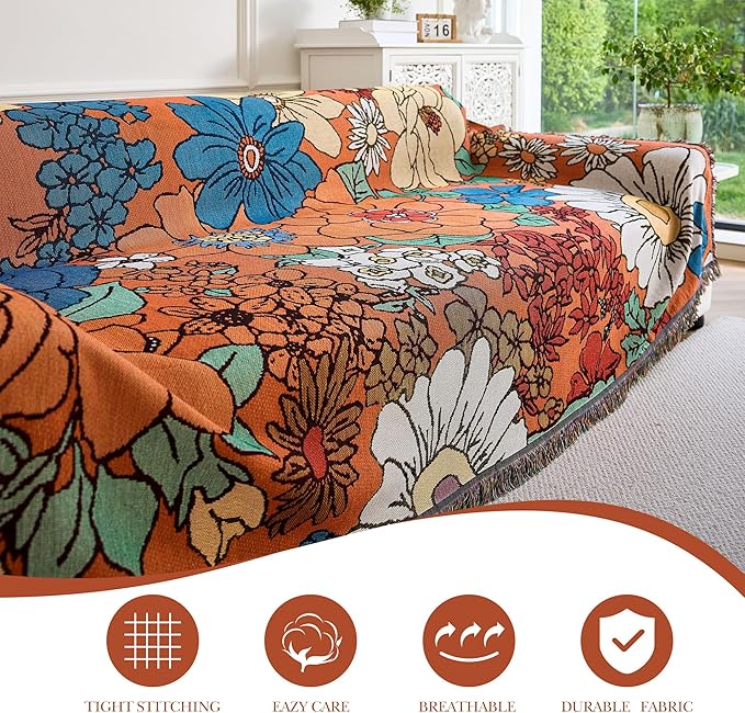Boho Throw Blanket for Couch Cover, 100% Handwoven Cotton Southwestern Farmhouse Floral Decor Reversible Blanket, All Season Throw for Sofa Bed Tapestry Outdoor Camping Picnic 71″×91″