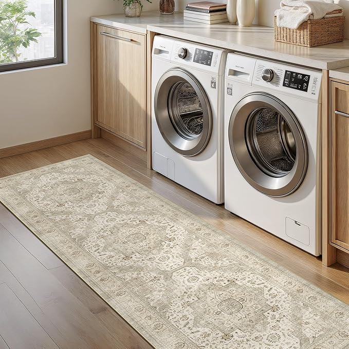 Washable Runner Rug 2.6x8 Runners for Hallways, Ultra-Thin Carpet Runners for Entryway Anti Slip Backing Runner Rugs for Kitchen Laundry Room Indoor Hallway (Ivory/Beige)