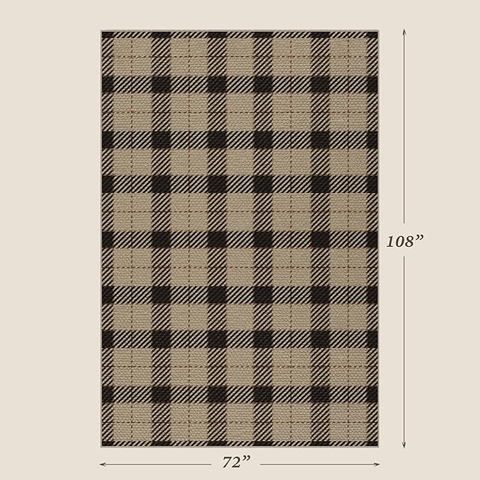 Jute Rug 6x9 for Living Room, Washable Black and Brown Rug for Dining Room, Indoor Outdoor Geometric Non Slip Vintage Farmhouse Carpet, Classic Beige Plaid Décor