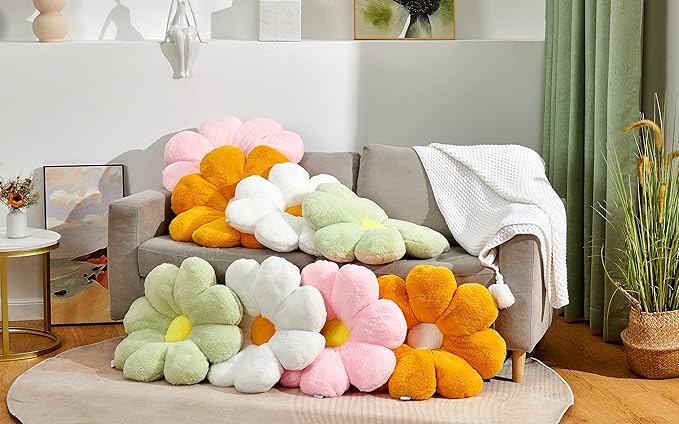 Large 20" Flower Pillow Floor Pillow Seat Cushion – Faux Rabbit Fur Plush Throw Pillow, Cozy Floor Cushion & Gift for Kids Adults