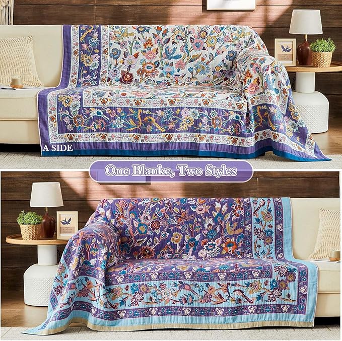 Boho Blanket Soft Muslin Boho Throw Blanket 100% Cotton Blanket All Seasons Reversible Rustic Floral Printed Vintage Rustic Farmhouse Decor Throw for Sofa Couch Chair (White, 50"x60")